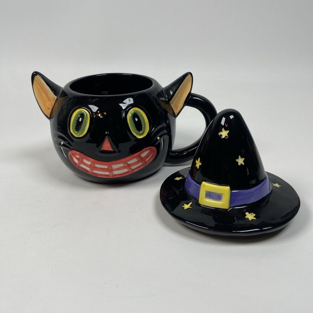 Magic Black Cat Witch Magicians Hat Halloween Smiling Candy Cup Mug With Handle